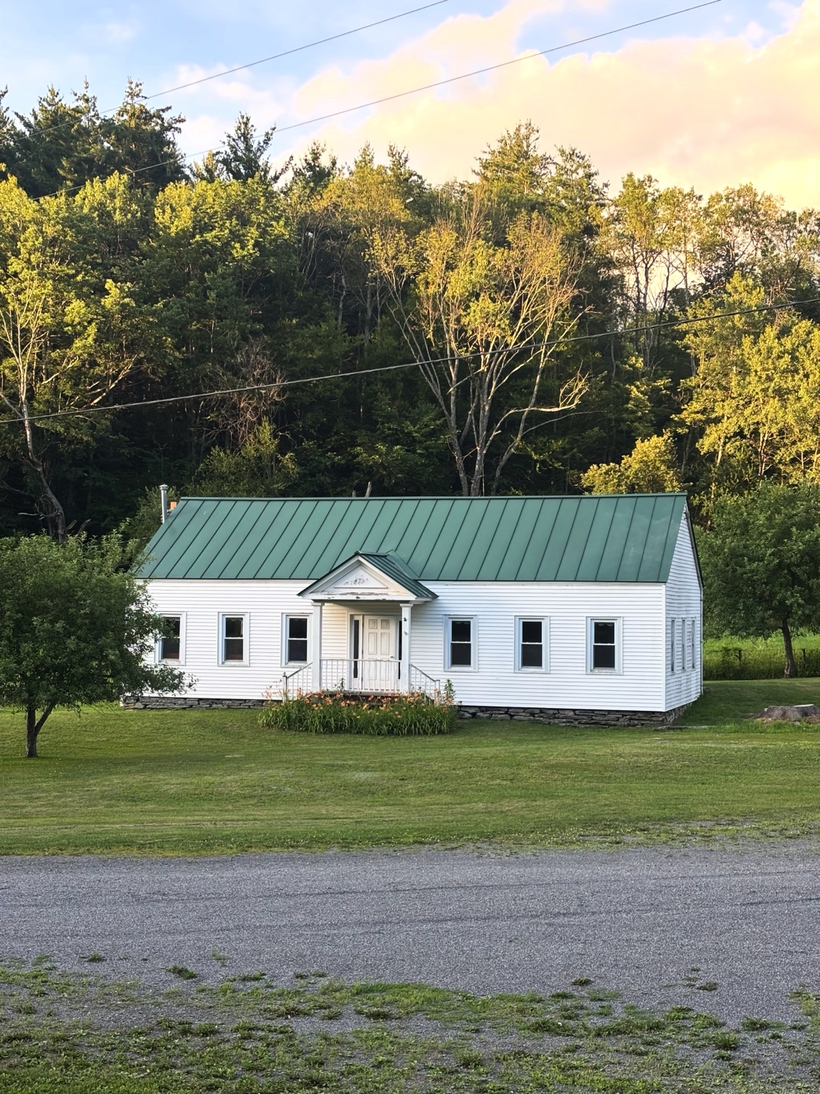 Historic white church building in Dry Brook